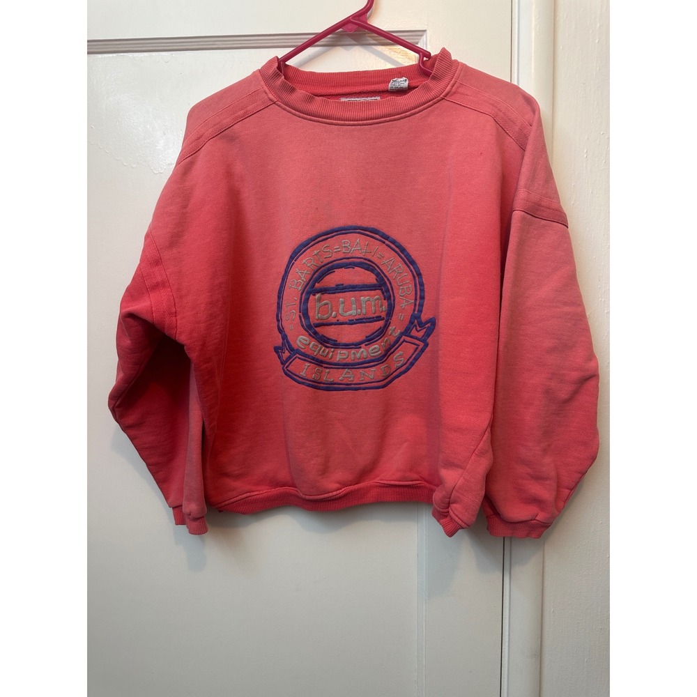Vintage B.U.M. Equipment Sweatshirt Coral Pink Puff Print Islands cropped S